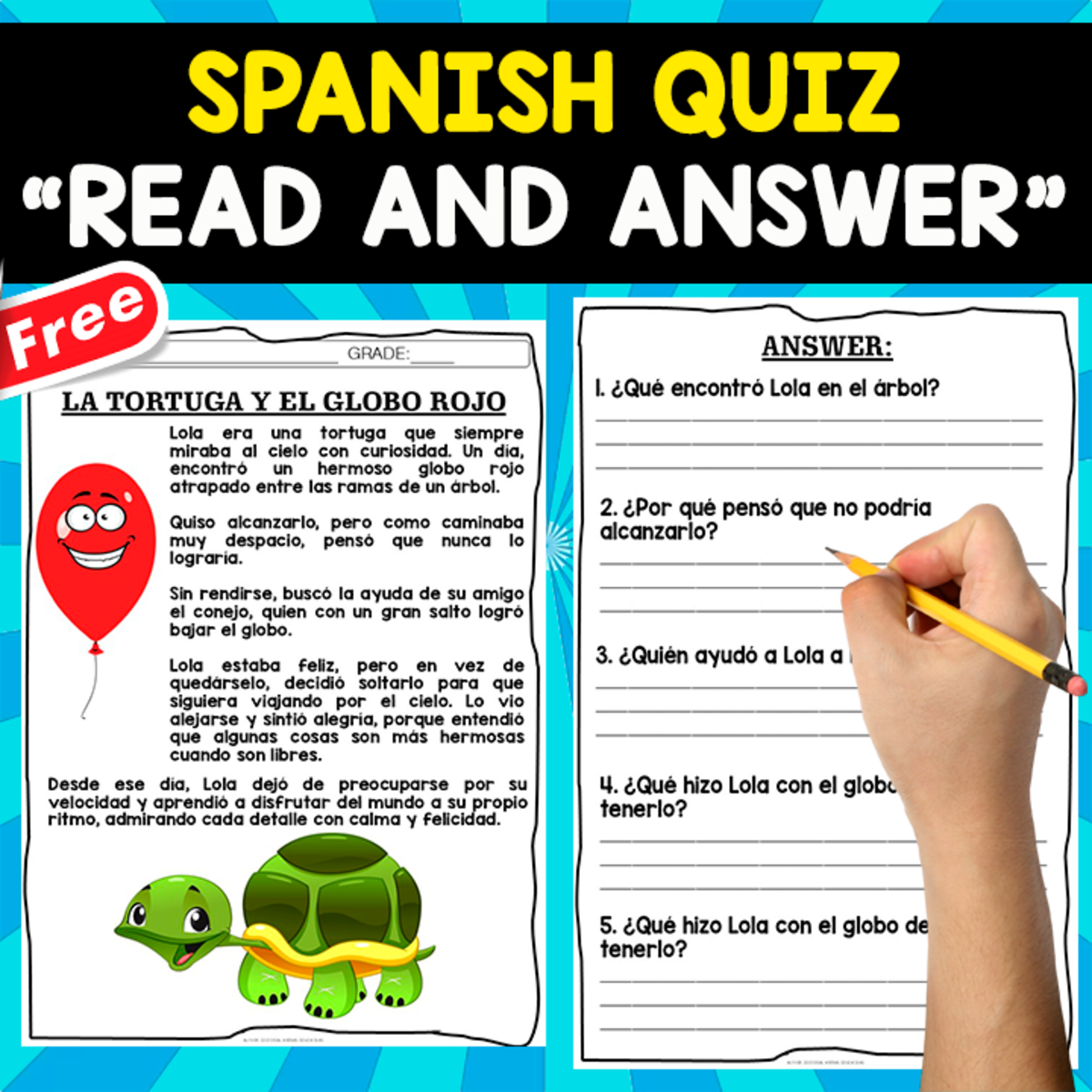 An educational teaching resource from EDITORIAL LAURA EDUCA entitled SPANISH READING COMPREHENSION TEXT | LA TORTUGA Y EL GLOBO ROJO downloadable at Teach Simple.