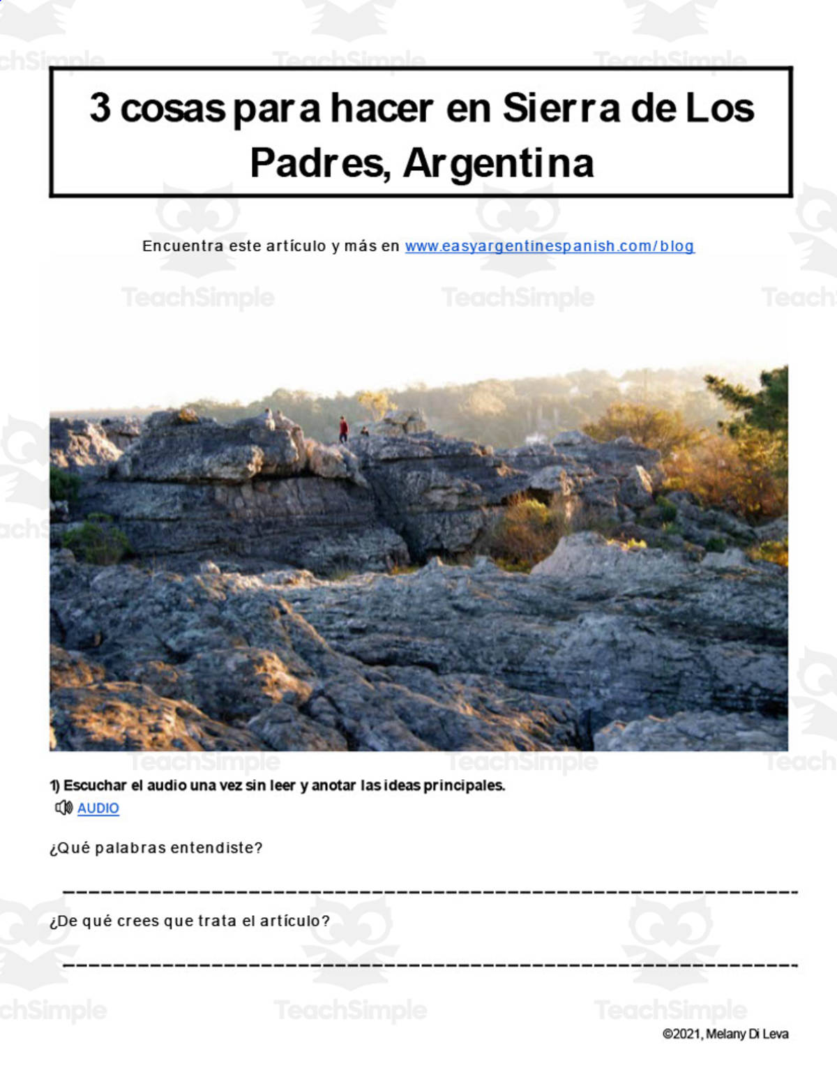 An educational teaching resource from Easy Argentine Spanish entitled Spanish: Reading + Listening Activity | 3 cosas para hacer en Sierra de Los Padres, Argentina downloadable at Teach Simple.
