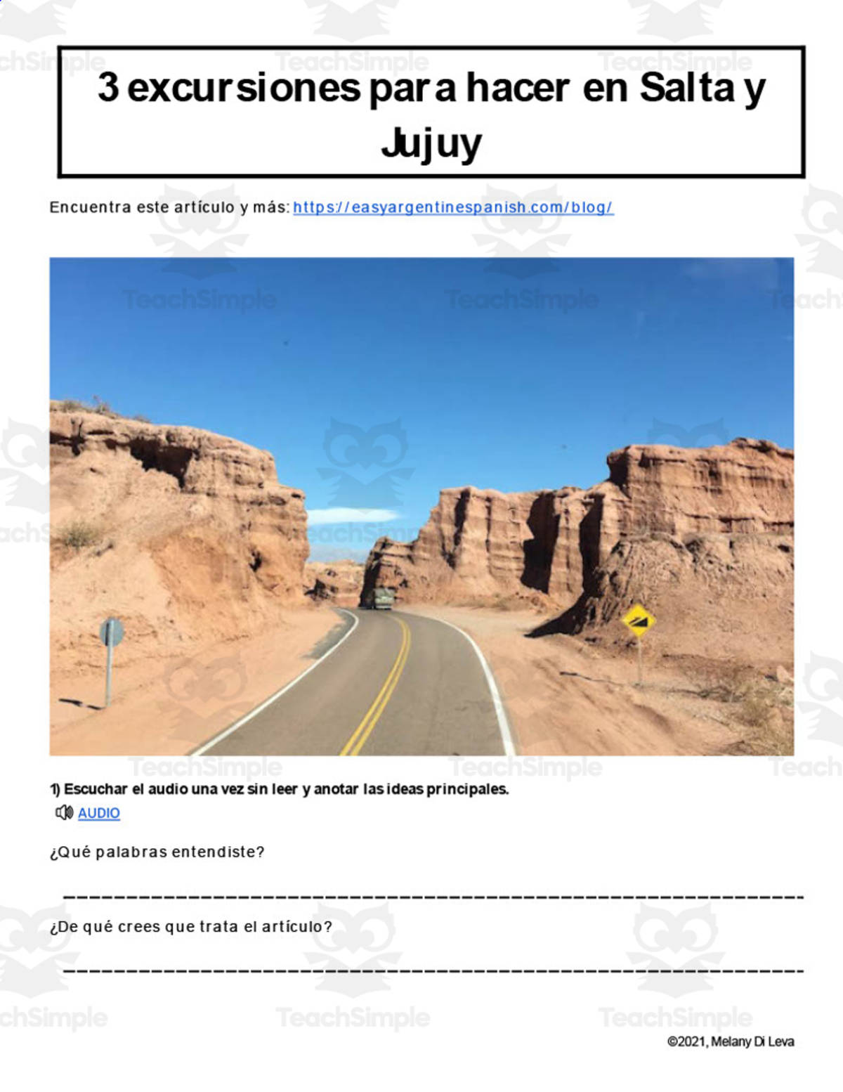 An educational teaching resource from Easy Argentine Spanish entitled Spanish: Reading + Listening Activity | 3 excursiones para hacer en Salta y Jujuy downloadable at Teach Simple.