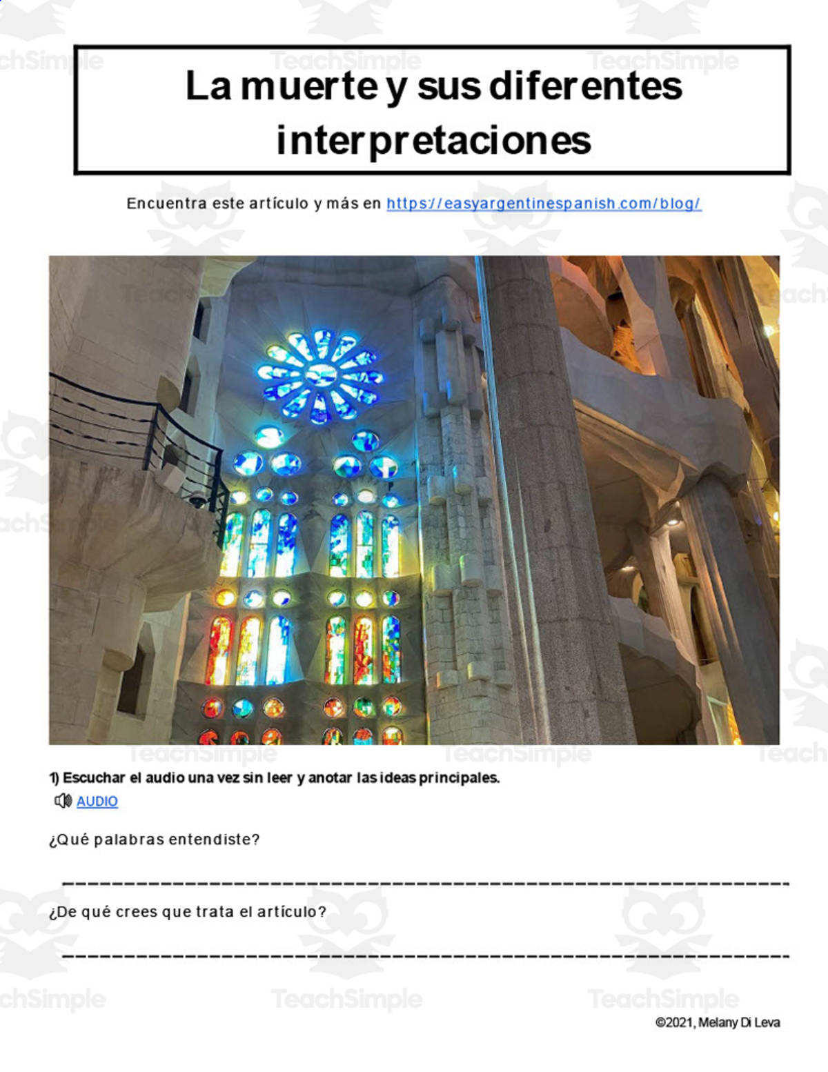 An educational teaching resource from Easy Argentine Spanish entitled Spanish: Reading + Listening Activity | La muerte y sus diferentes interpretaciones downloadable at Teach Simple.