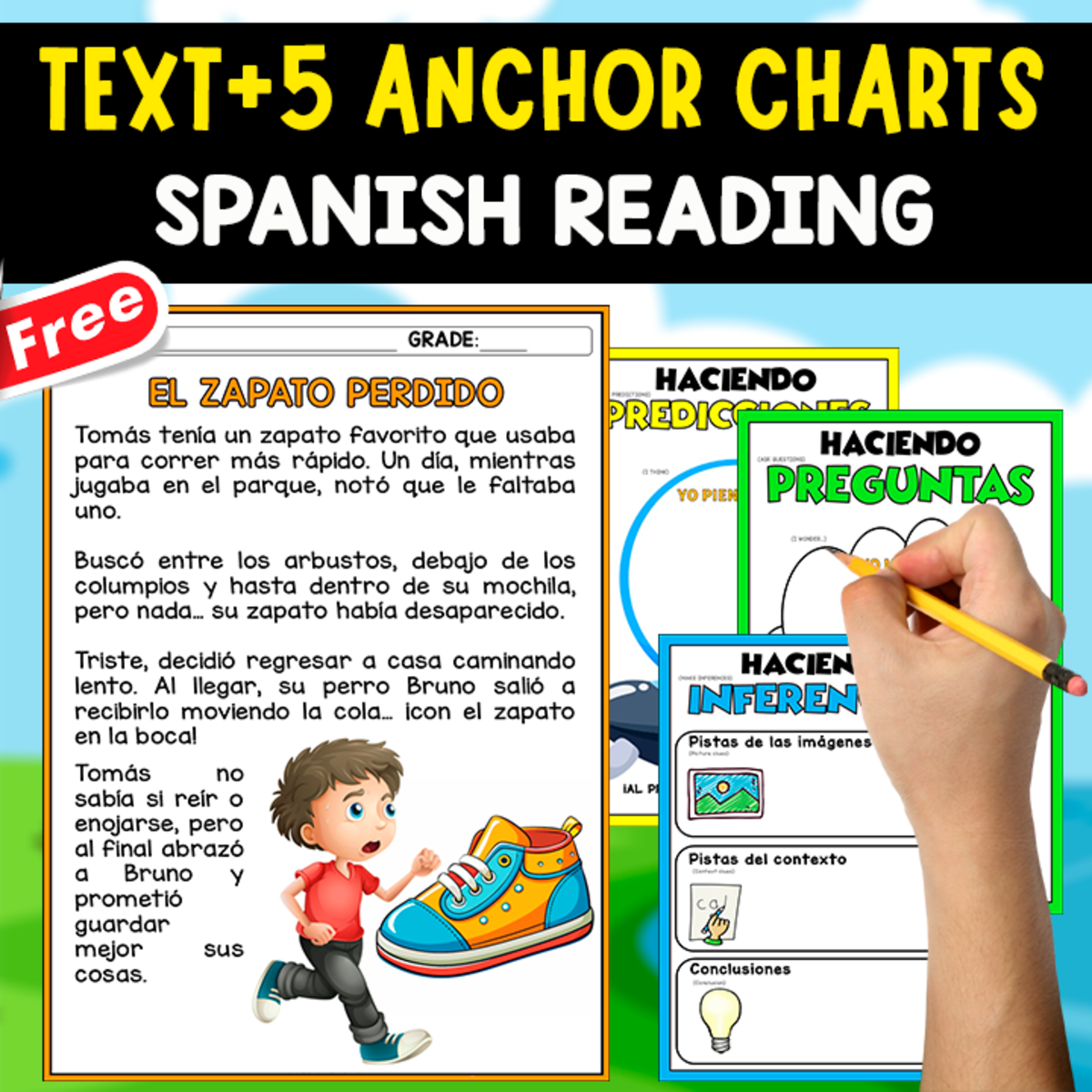 An educational teaching resource from EDITORIAL LAURA EDUCA entitled SPANISH READING TEXT + 5 ANCHOR CHARTS | El zapato perdido downloadable at Teach Simple.