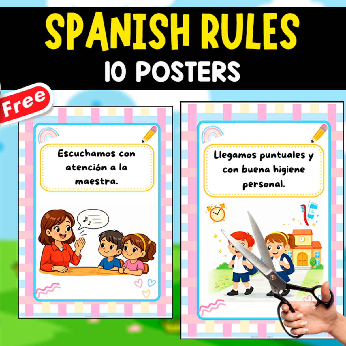 An educational teaching resource from EDITORIAL LAURA EDUCA entitled SPANISH RULES | 10 POSTERS FOR CLASSROOM DECOR downloadable at Teach Simple.