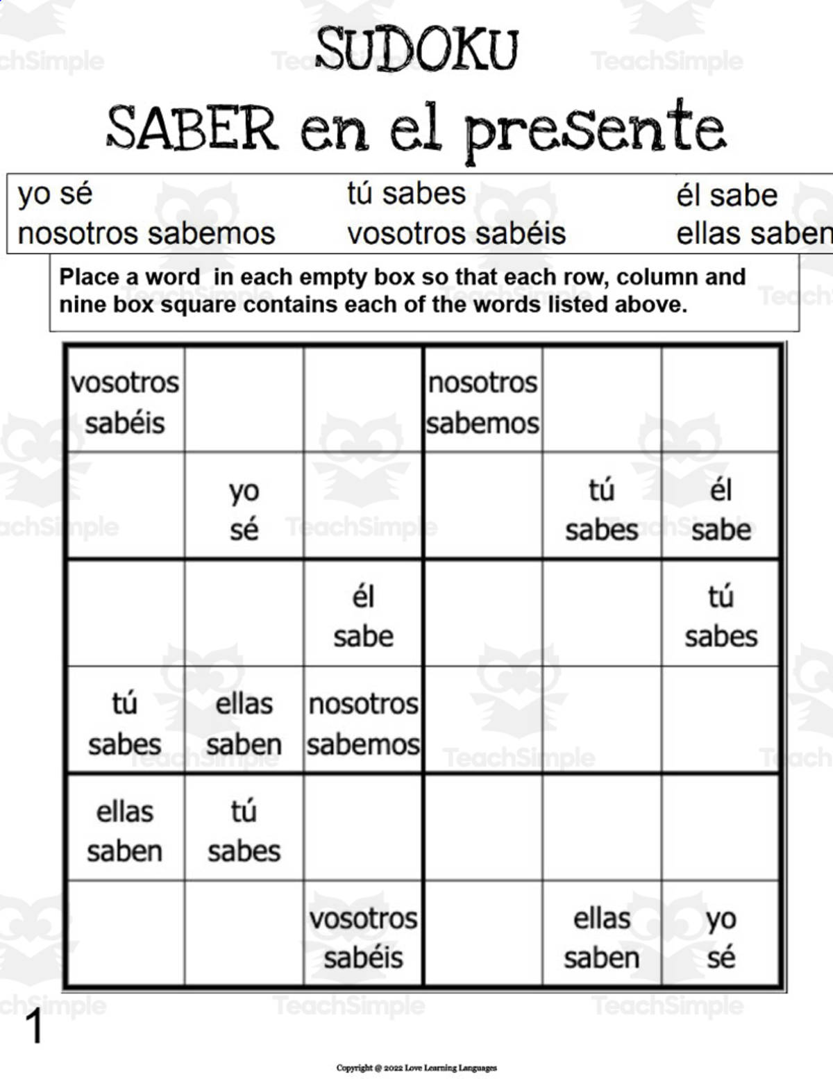 An educational teaching resource from Love Learning Languages entitled Spanish: SABER Present Tense Sudoku downloadable at Teach Simple.