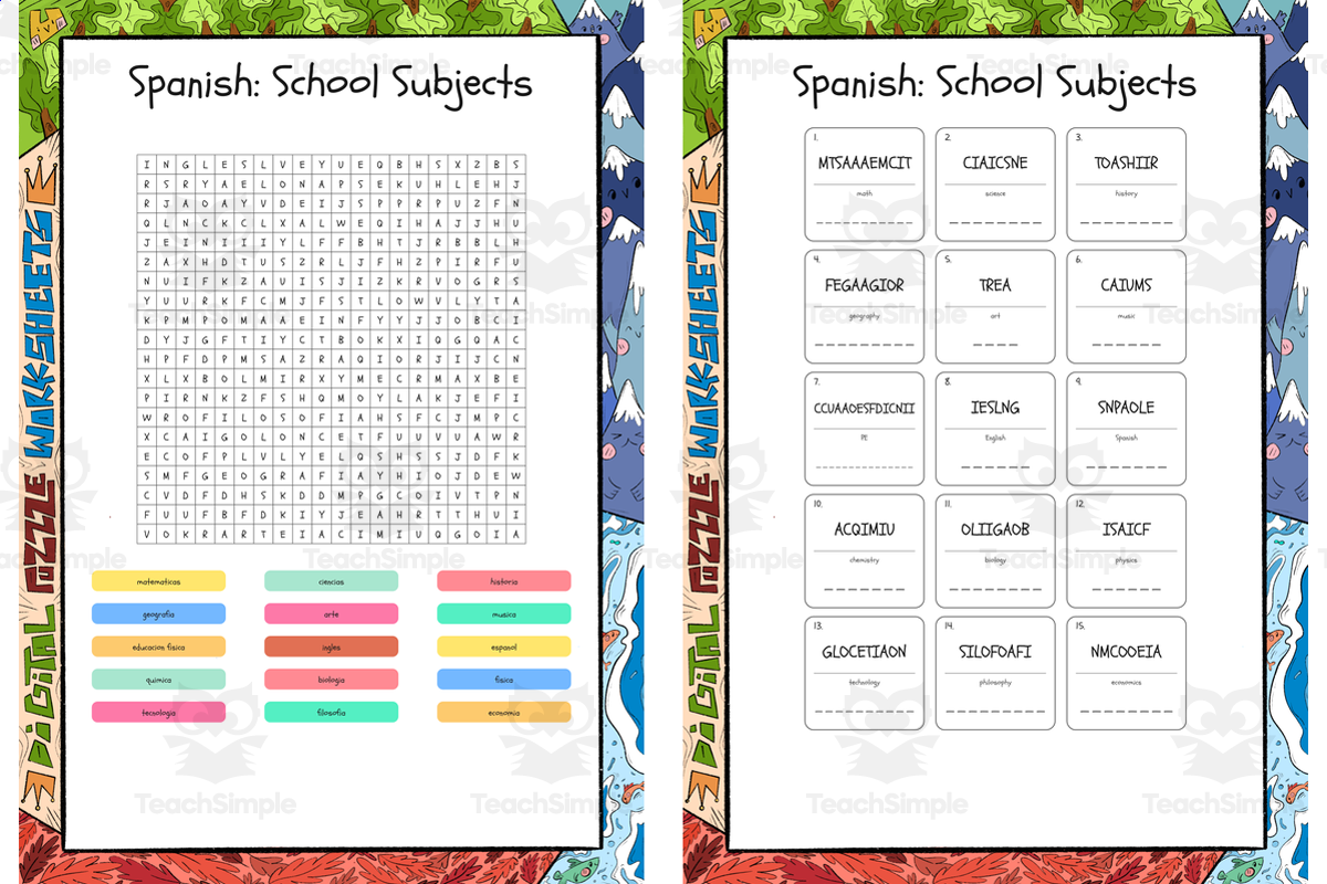 An educational teaching resource from Lapiiin Art Activities entitled Spanish School Subjects word search, scramble and crossword puzzle downloadable at Teach Simple.