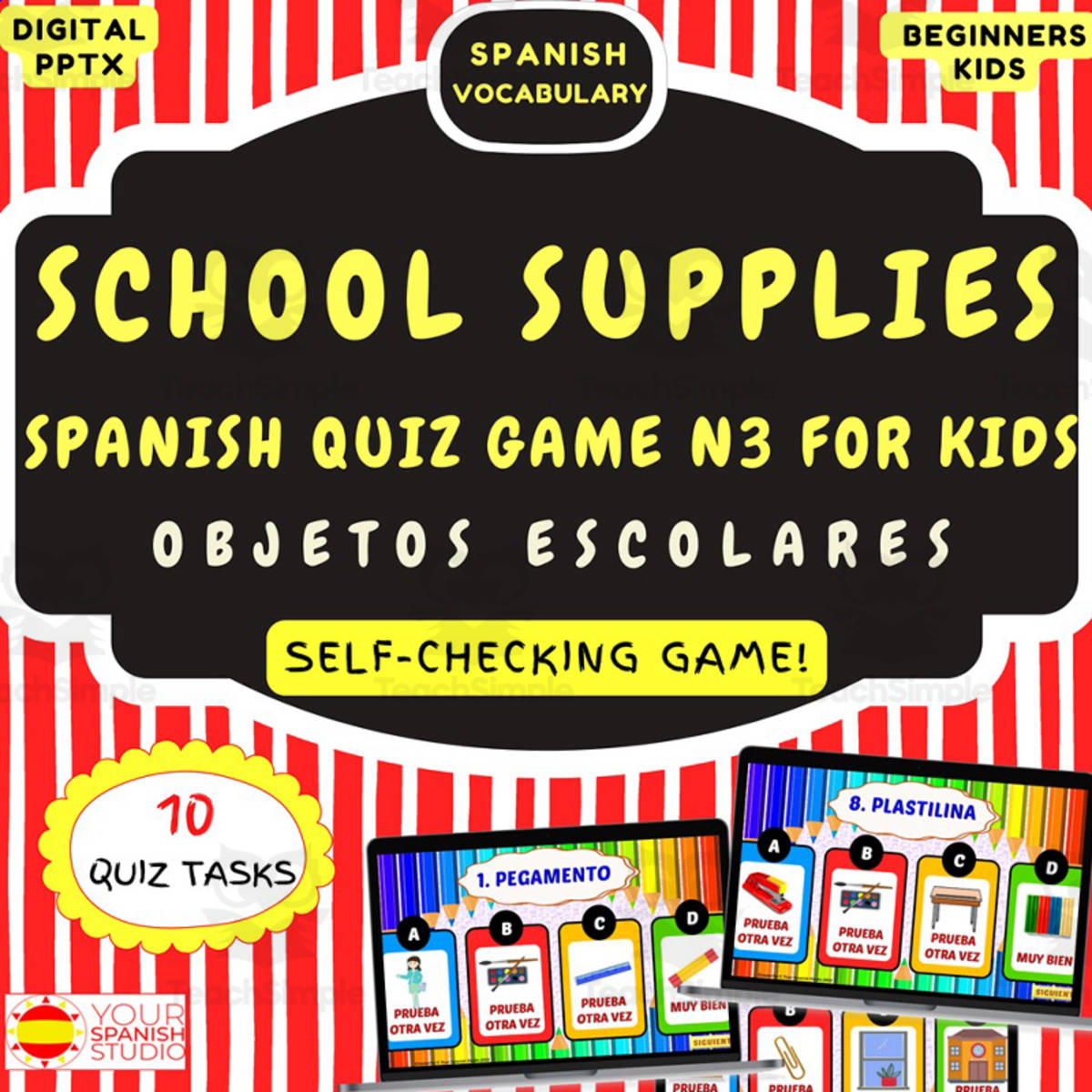 An educational teaching resource from Your Spanish Studio entitled Spanish school supplies digital quiz game N3 for kids downloadable at Teach Simple.