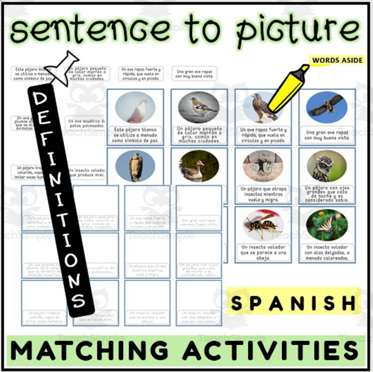 An educational teaching resource from WORDS ASIDE entitled Spanish Sentence to Picture Activities Flashcards 1 downloadable at Teach Simple.