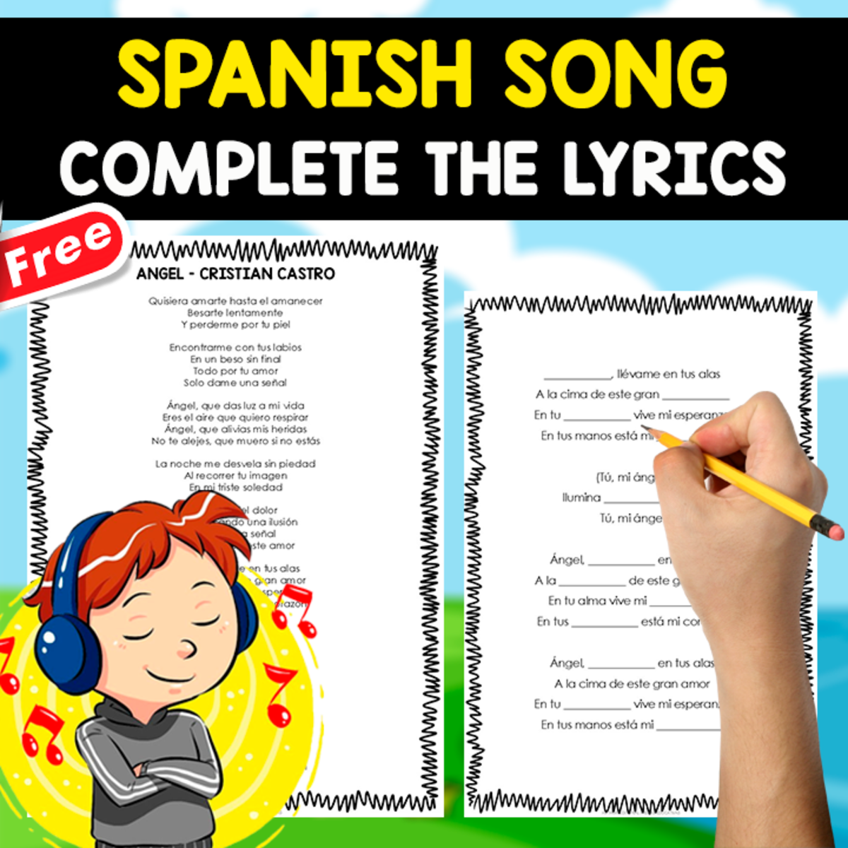 An educational teaching resource from EDITORIAL LAURA EDUCA entitled SPANISH SONG EXERCISE | Complete the lyrics | ANGEL downloadable at Teach Simple.