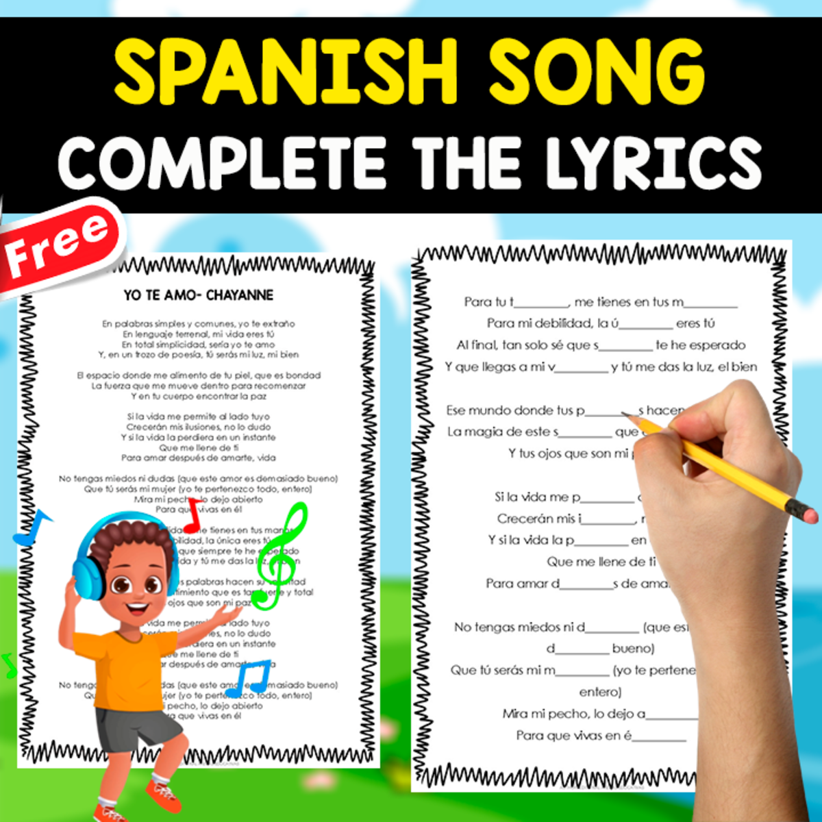 An educational teaching resource from EDITORIAL LAURA EDUCA entitled SPANISH SONG EXERCISE | Complete the lyrics | YO TE AMO downloadable at Teach Simple.