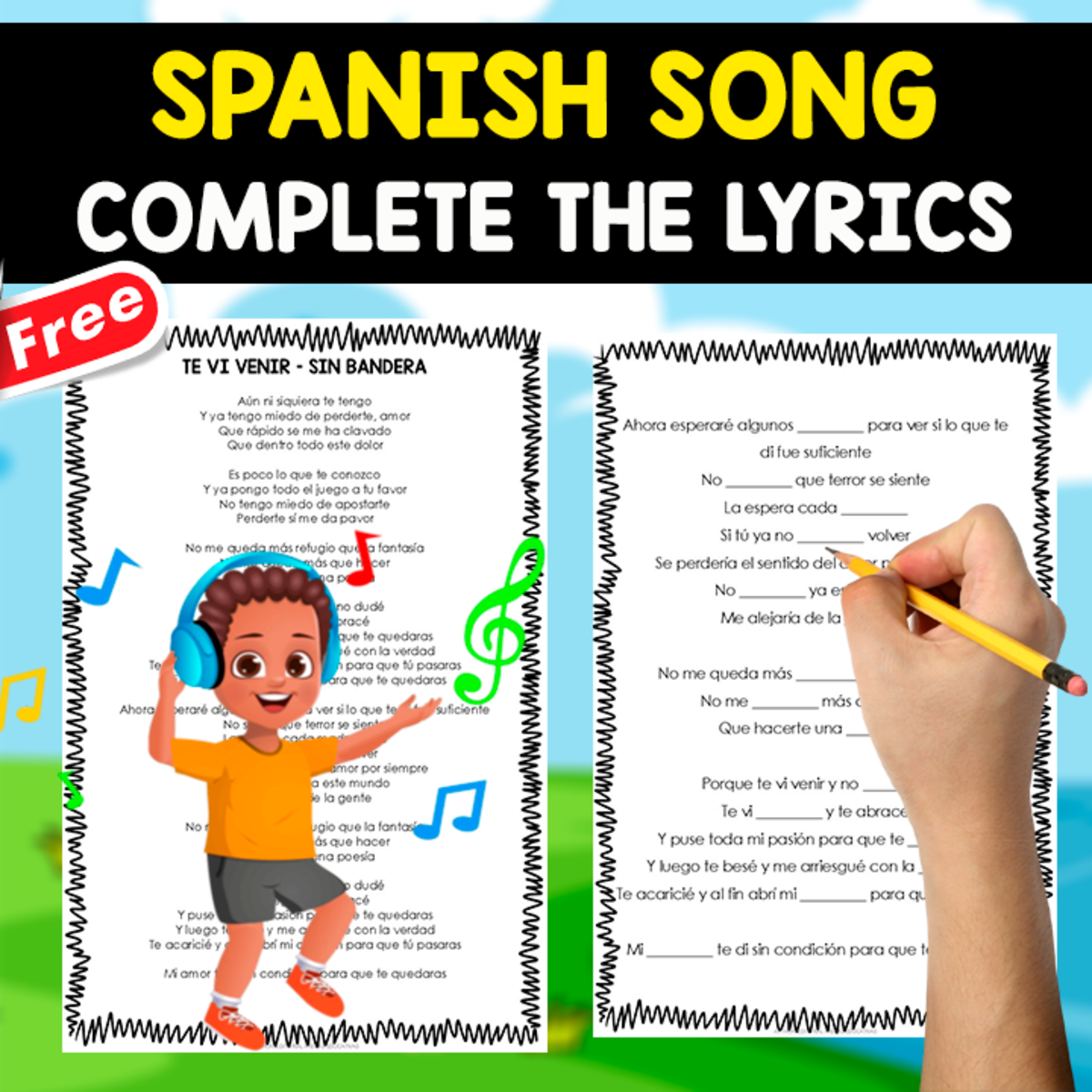 An educational teaching resource from EDITORIAL LAURA EDUCA entitled SPANISH SONG EXERCISES | Complete the lyrics | TE VI VENIR downloadable at Teach Simple.