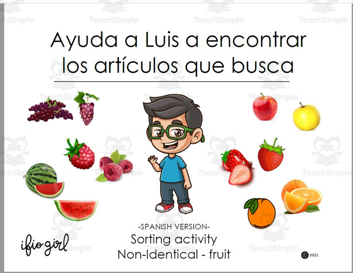 An educational teaching resource from IFIO girl - I'll Figure It Out entitled SPANISH - sorting non-identical fruit downloadable at Teach Simple.