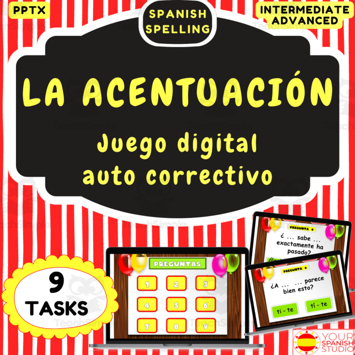 An educational teaching resource from Your Spanish Studio entitled Spanish spelling written accent no prep 9 tasks El acento y la tilde downloadable at Teach Simple.