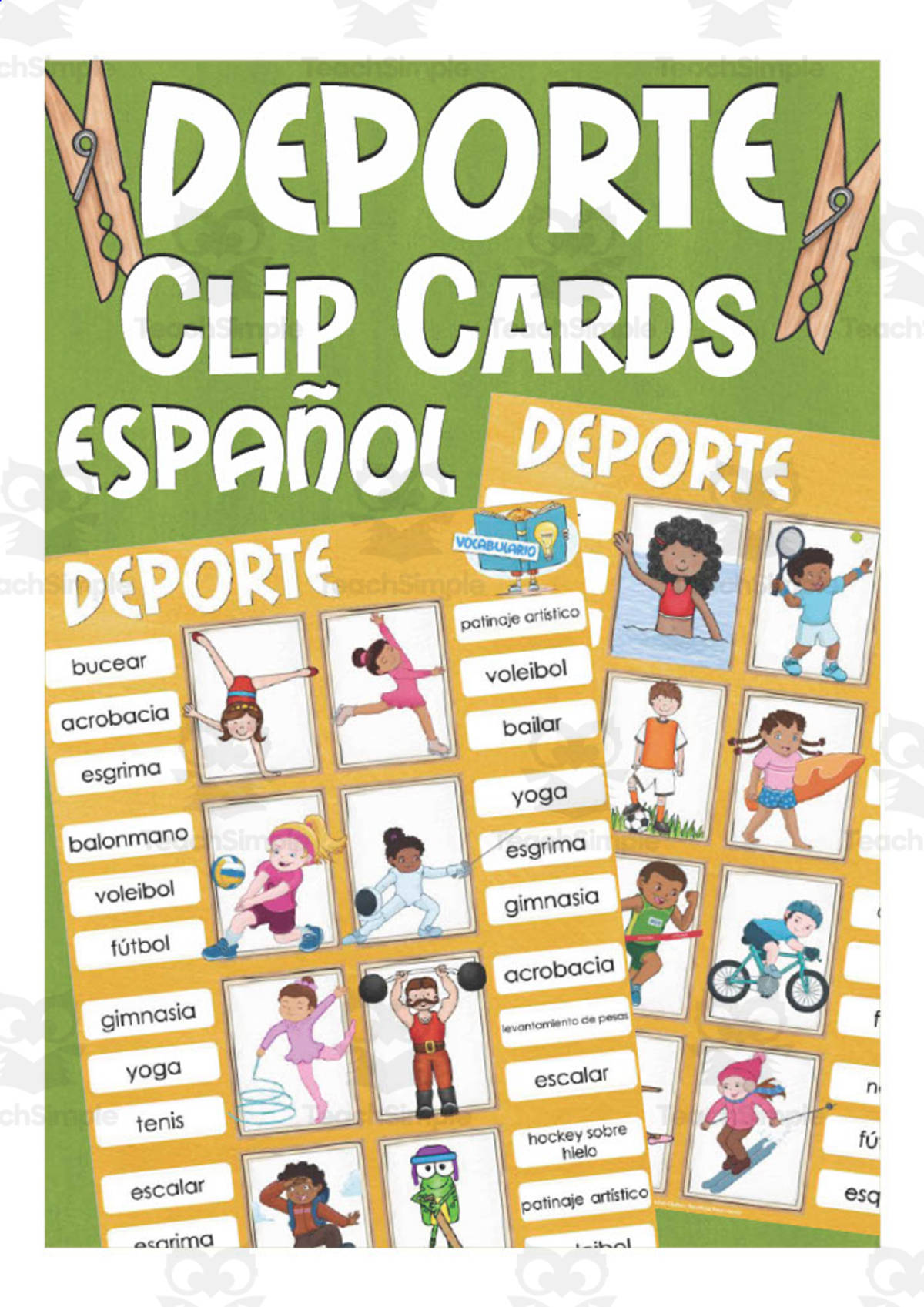 An educational teaching resource from Better Teaching Resources entitled Spanish: Sports Clip Cards | Vocabulary Practice Activity downloadable at Teach Simple.