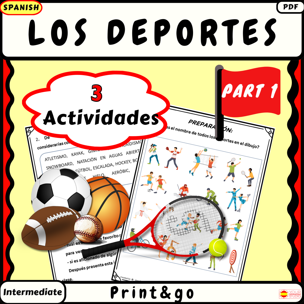 An educational teaching resource from Your Spanish Studio entitled Spanish sports Los deportes actividades Parte 1 downloadable at Teach Simple.