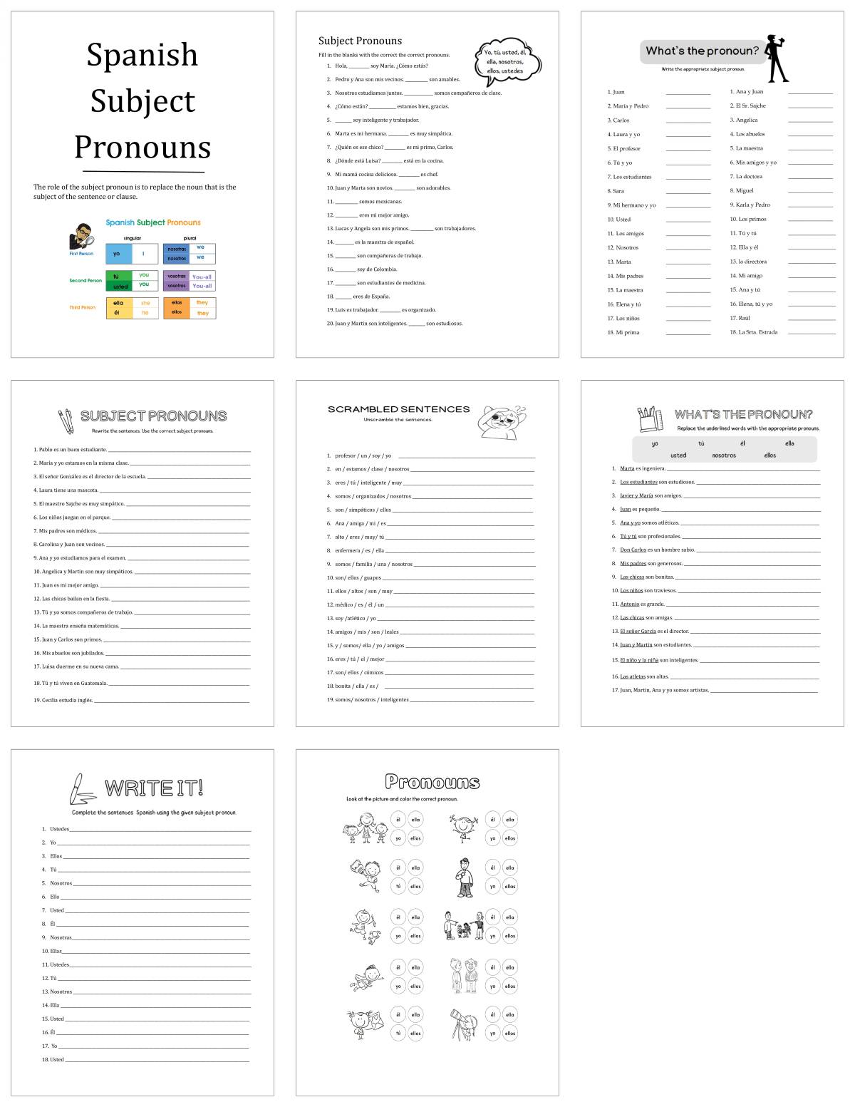 An educational teaching resource from Mi Clase Divertida entitled Spanish Subject Pronouns Worksheets downloadable at Teach Simple.