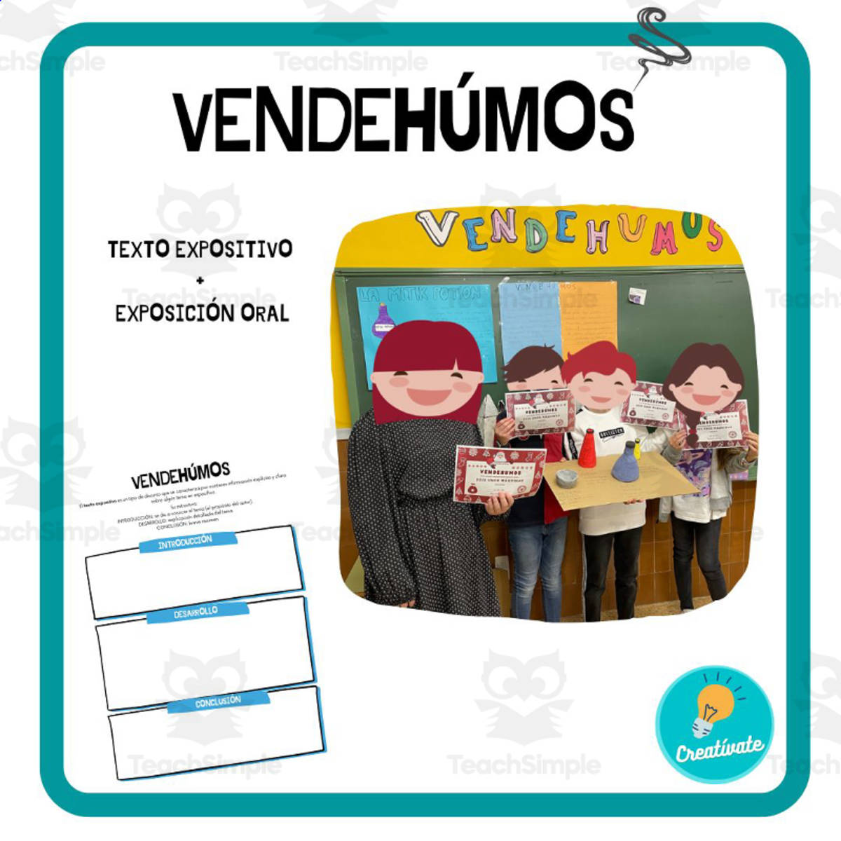 An educational teaching resource from Educación Creativa entitled Spanish: TALLER VENDEHÚMOS - TEXTO EXPOSITIVO - Expository Text downloadable at Teach Simple.