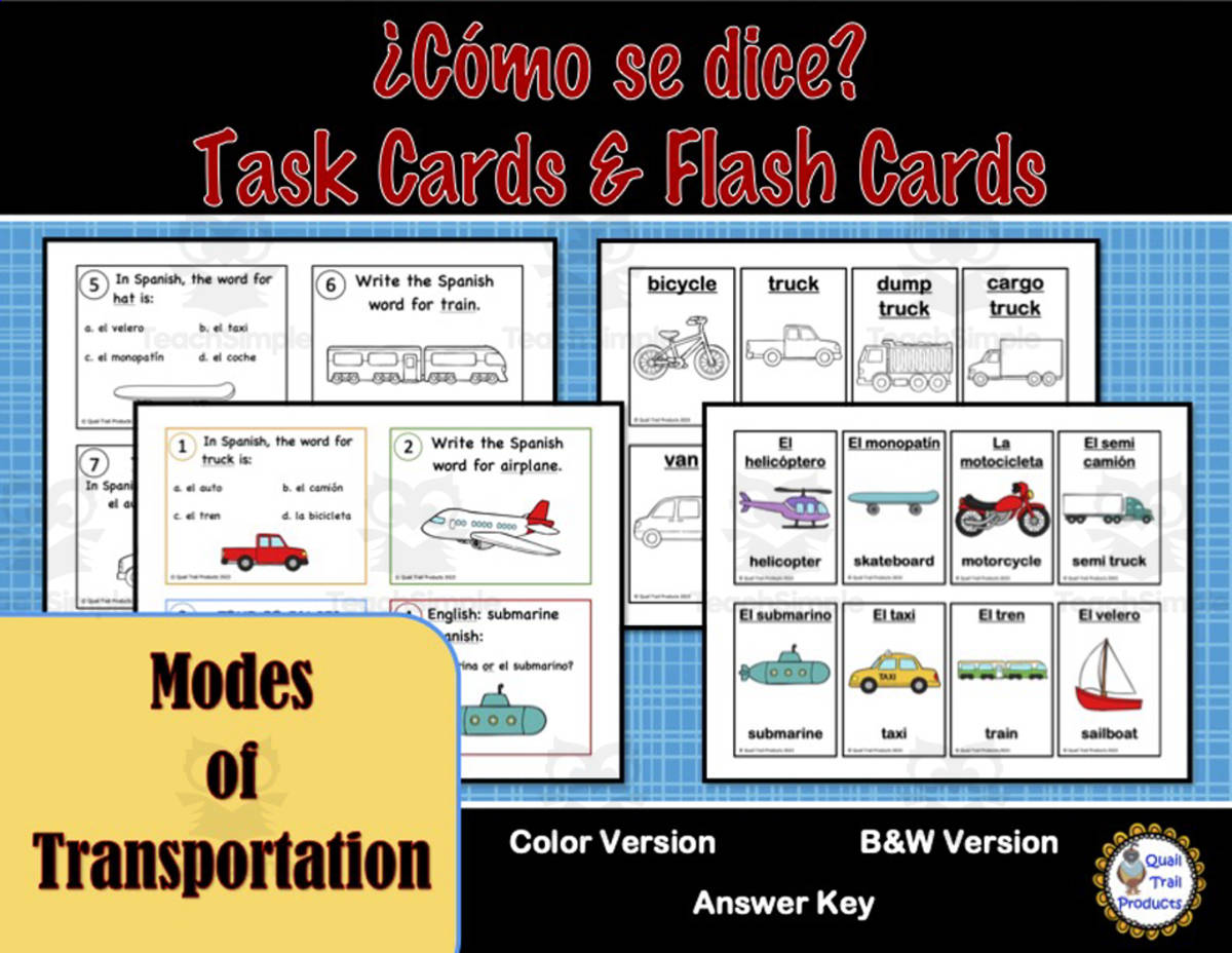 An educational teaching resource from Quail Trail Products entitled Spanish Task Cards and Flash Cards - Transportation downloadable at Teach Simple.