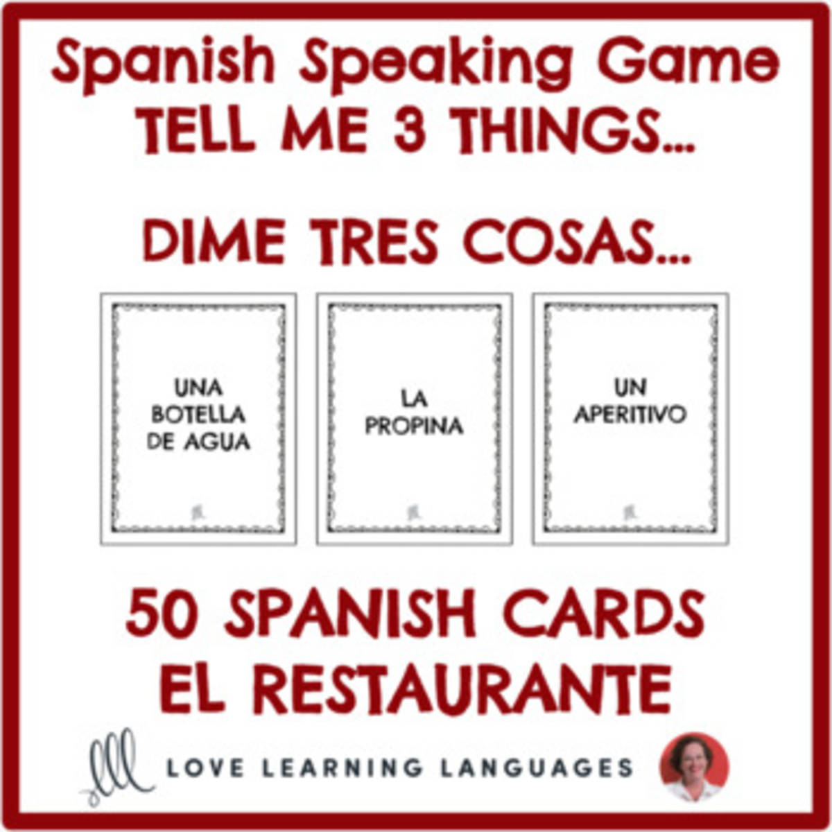 An educational teaching resource from Love Learning Languages entitled Spanish: Tell me 3 things Speaking Game - Restaurant Theme downloadable at Teach Simple.