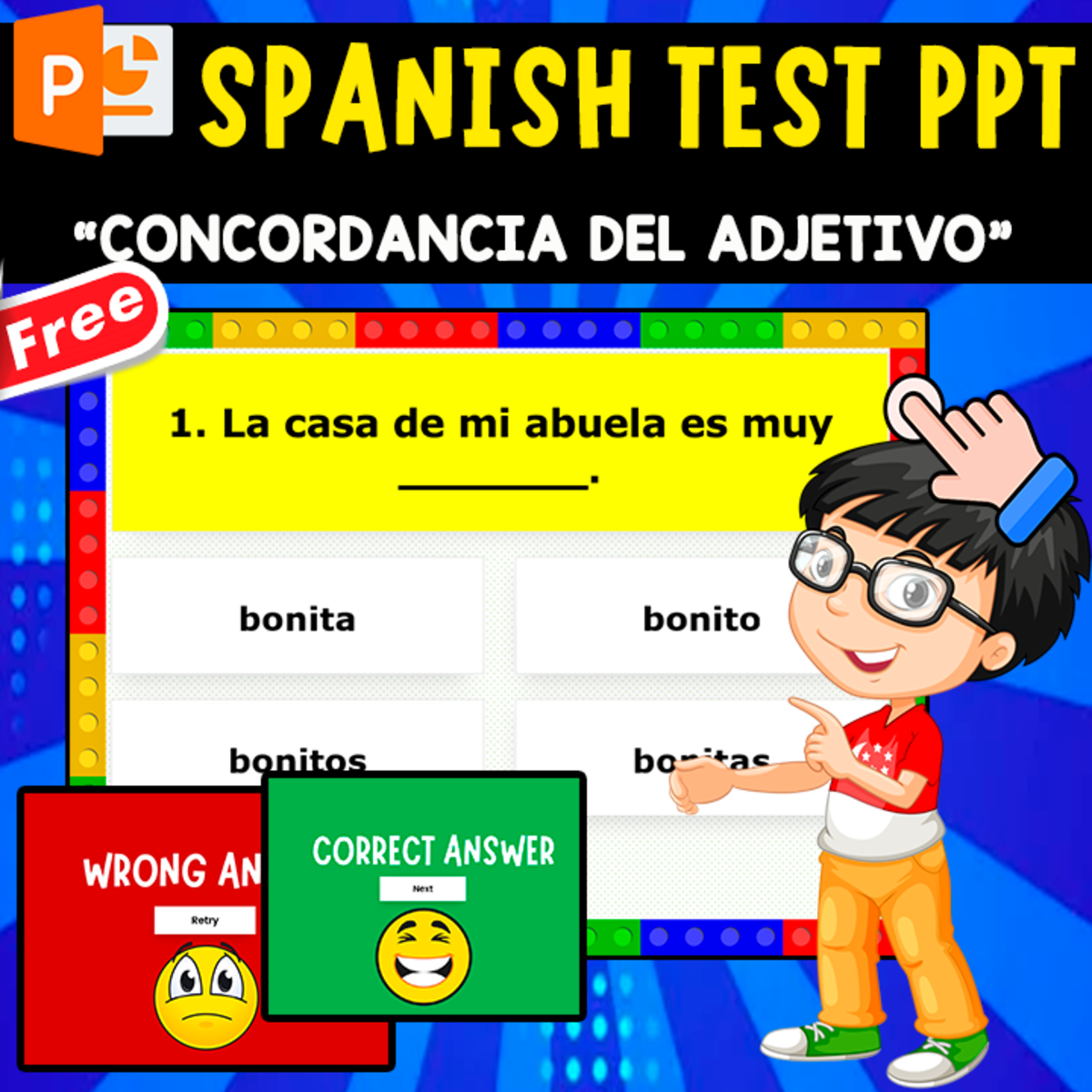 An educational teaching resource from EDITORIAL LAURA EDUCA entitled SPANISH TEST PPT | CONCORDANCIA DEL ADJETIVO | 10 QUESTIONS downloadable at Teach Simple.