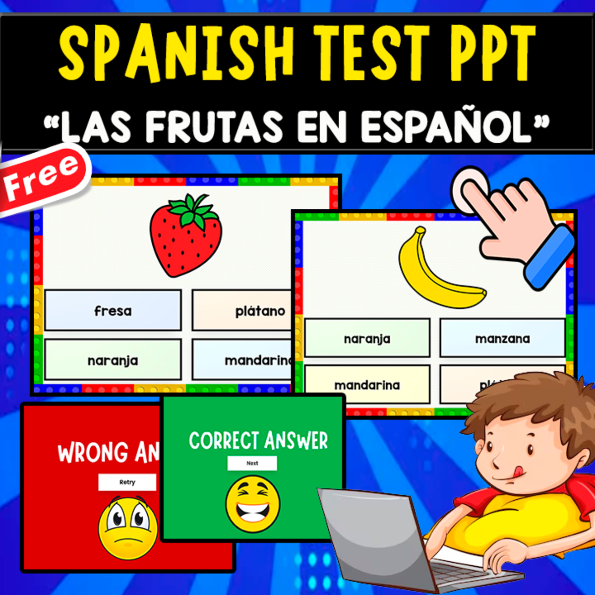 An educational teaching resource from EDITORIAL LAURA EDUCA entitled SPANISH TEST PPT | LAS FRUTAS EN ESPAÑOL downloadable at Teach Simple.