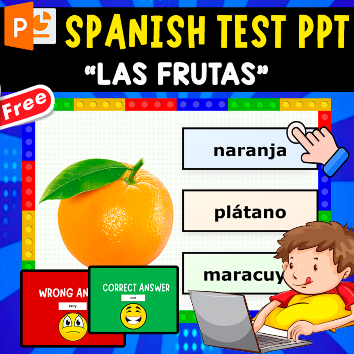 An educational teaching resource from EDITORIAL LAURA EDUCA entitled SPANISH TEST PPT | LAS FRUTAS | GAME downloadable at Teach Simple.