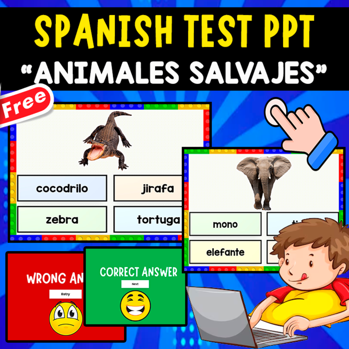 An educational teaching resource from EDITORIAL LAURA EDUCA entitled SPANISH TEST PPT | WILD ANIMALS | 10 QUESTIONS downloadable at Teach Simple.