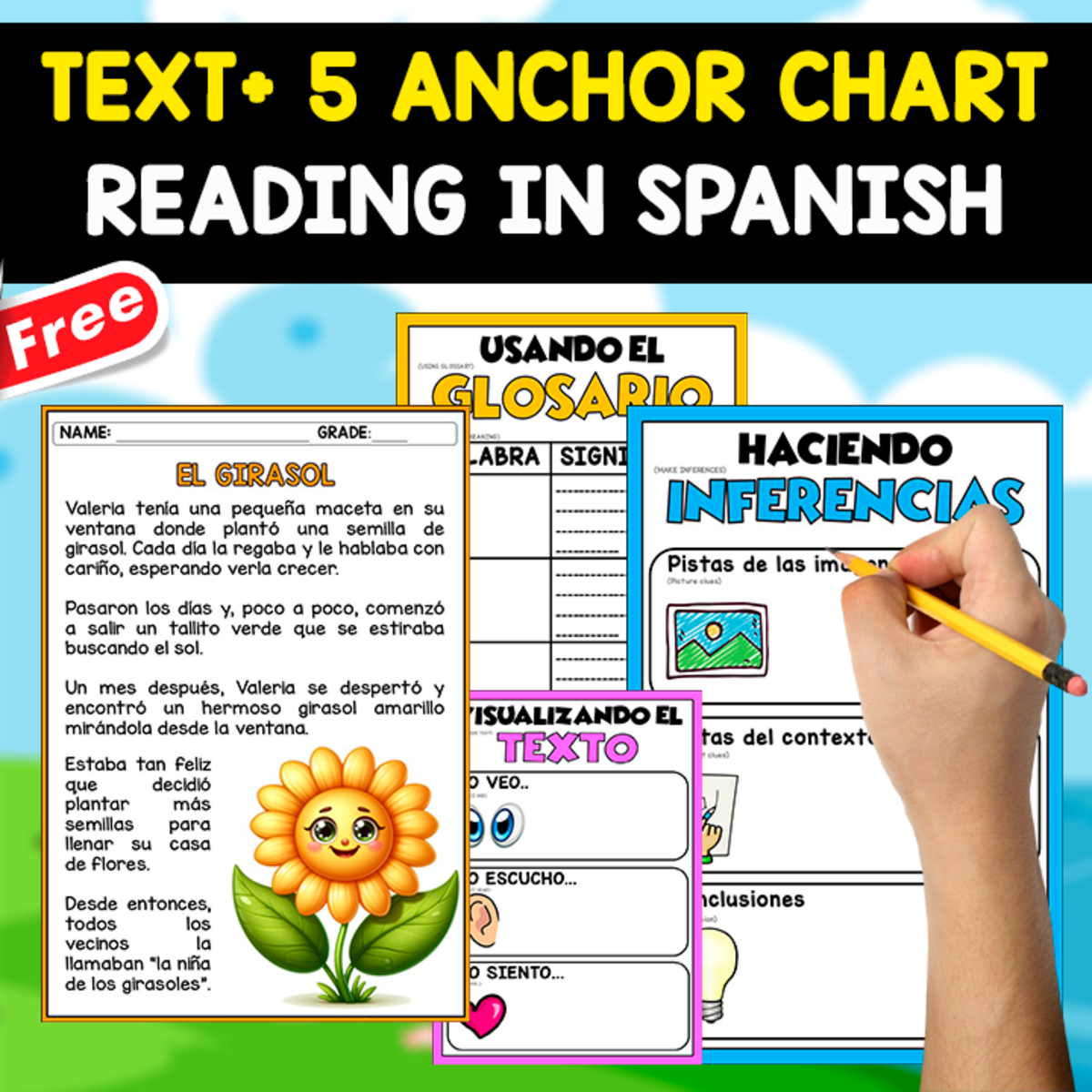 An educational teaching resource from EDITORIAL LAURA EDUCA entitled SPANISH TEXT + 5 ANCHOR CHART | EL GIRASOL downloadable at Teach Simple.