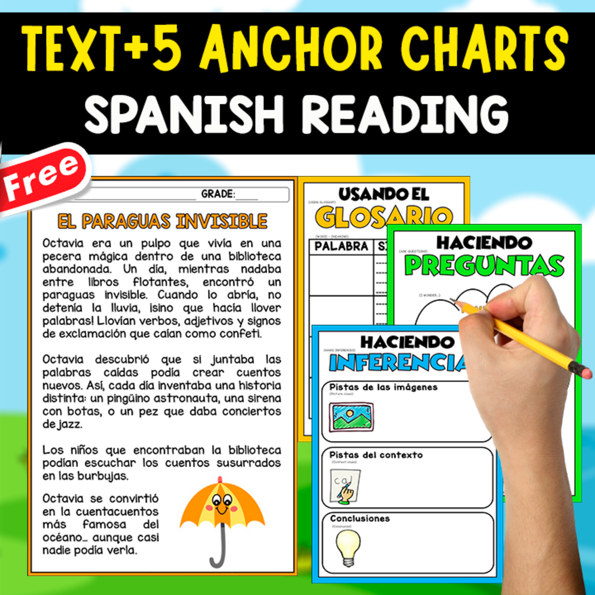 An educational teaching resource from EDITORIAL LAURA EDUCA entitled SPANISH TEXT+ 5 ANCHOR CHARTS | El paraguas invisible downloadable at Teach Simple.