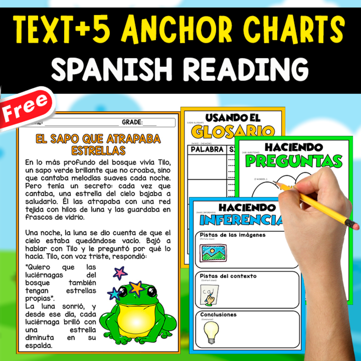 An educational teaching resource from EDITORIAL LAURA EDUCA entitled SPANISH TEXT + 5 ANCHOR CHARTS |  El sapo que atrapaba estrellas downloadable at Teach Simple.