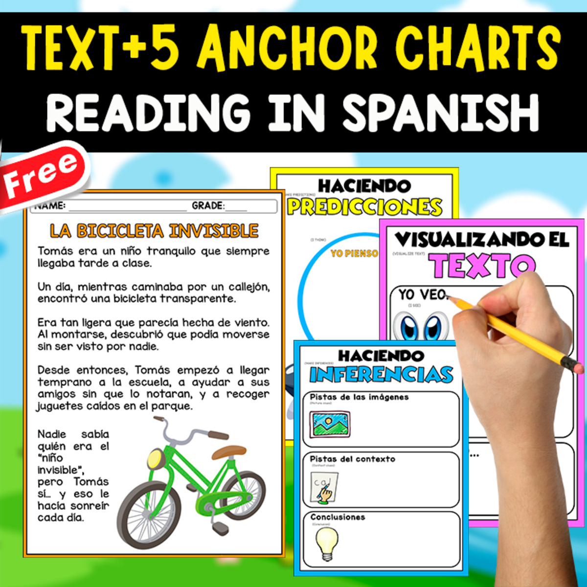 An educational teaching resource from EDITORIAL LAURA EDUCA entitled SPANISH TEXT + 5 ANCHOR CHARTS | La bicicleta invisible downloadable at Teach Simple.