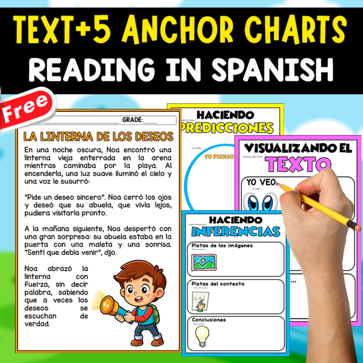 An educational teaching resource from EDITORIAL LAURA EDUCA entitled SPANISH TEXT + 5 ANCHOR CHARTS | La linterna de los deseos downloadable at Teach Simple.