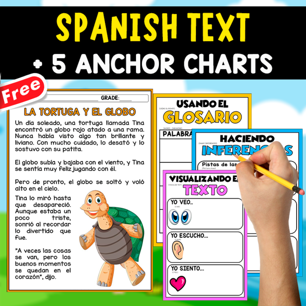 An educational teaching resource from EDITORIAL LAURA EDUCA entitled SPANISH TEXT + 5 ANCHOR CHARTS | La Tortuga y el globo downloadable at Teach Simple.
