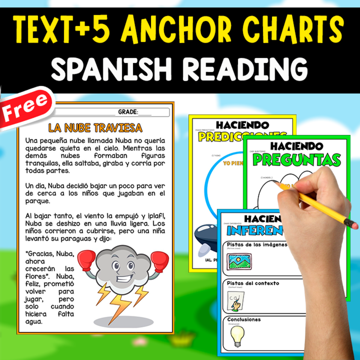 An educational teaching resource from EDITORIAL LAURA EDUCA entitled SPANISH TEXT+5 ANCHOR CHARTS | La nube traviesa downloadable at Teach Simple.