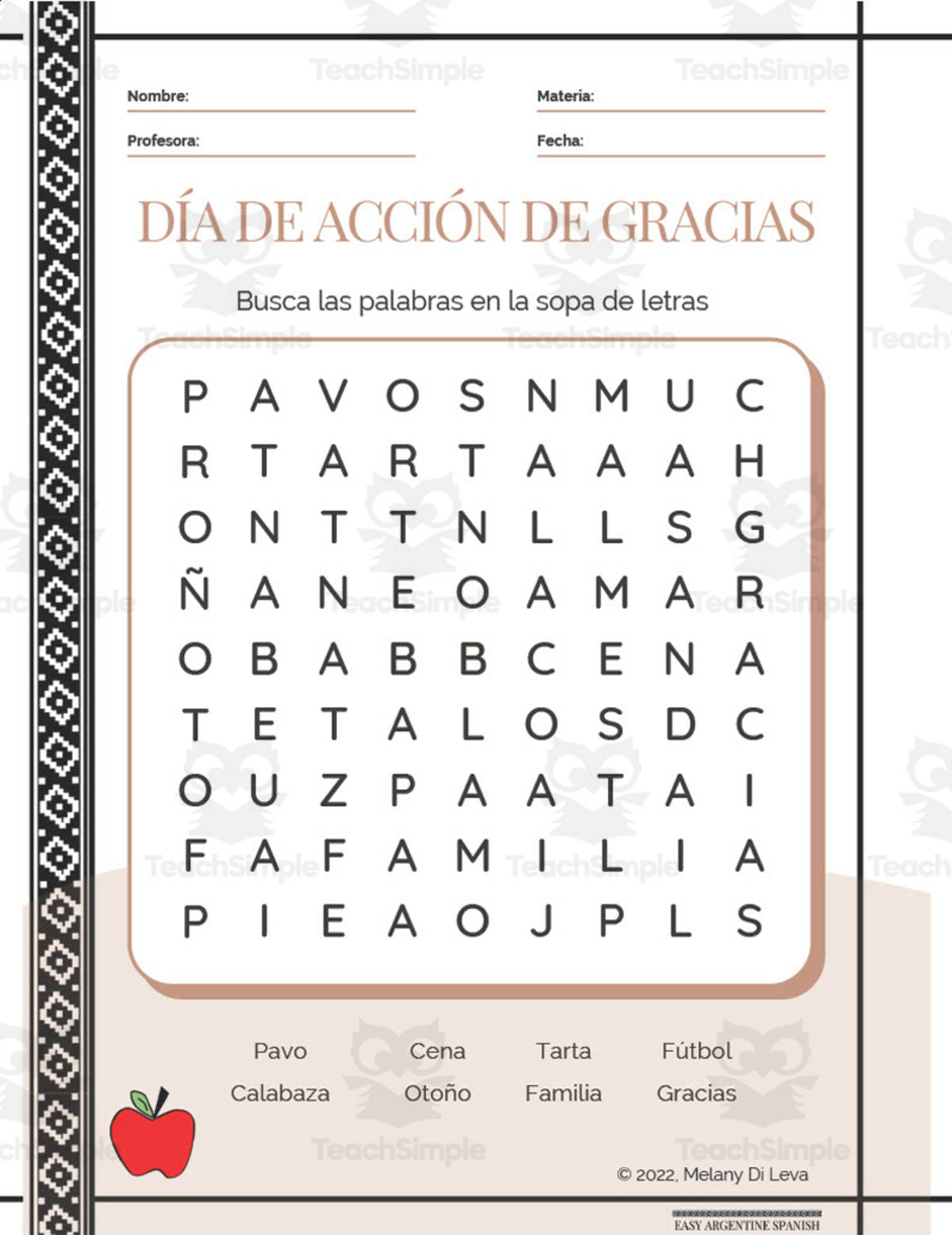 An educational teaching resource from Easy Argentine Spanish entitled Spanish: Thanksgiving Day Word Search Packet downloadable at Teach Simple.