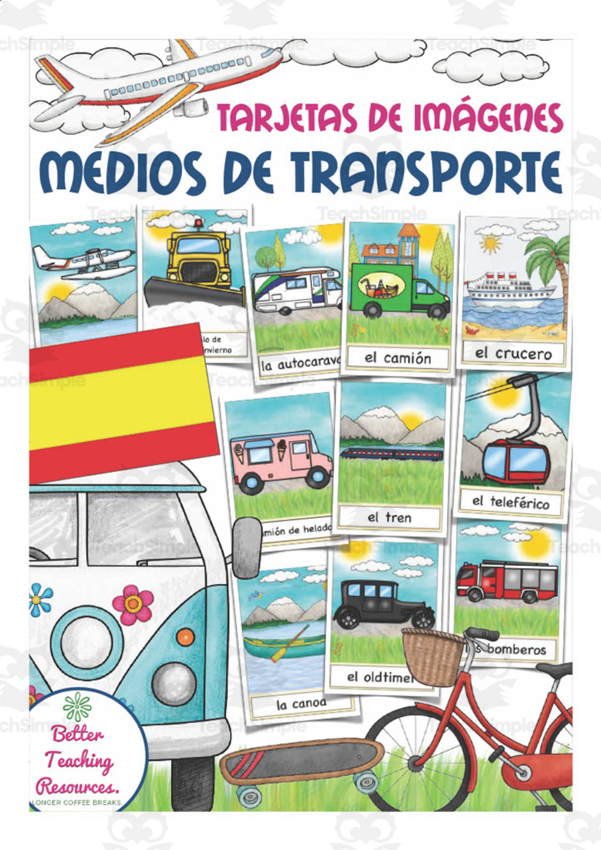 An educational teaching resource from Better Teaching Resources entitled Spanish: Transportation Flash Cards downloadable at Teach Simple.