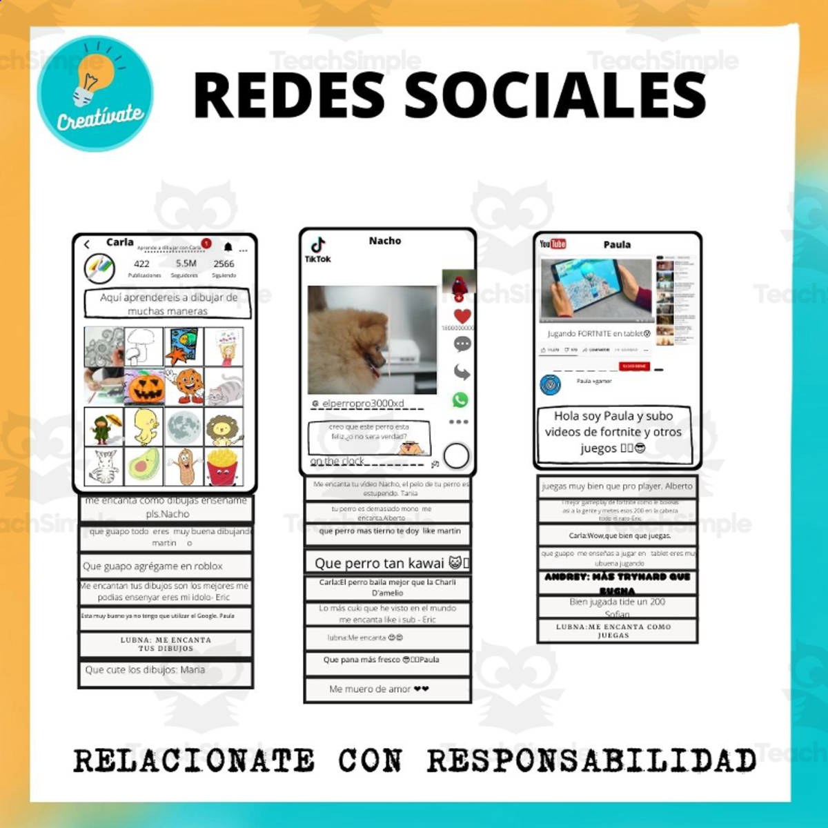 An educational teaching resource from Educación Creativa entitled Spanish: USO RESPONSABLE DE LAS REDES SOCIALES - TALLER - Workshop on Social Media Responsibilities downloadable at Teach Simple.