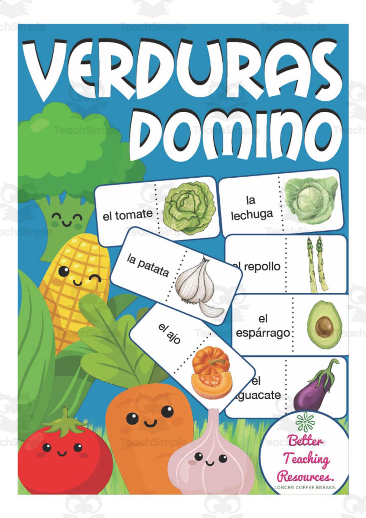 An educational teaching resource from Better Teaching Resources entitled Spanish: Vegetables Domino Game | Vocabulary Practice Activity downloadable at Teach Simple.