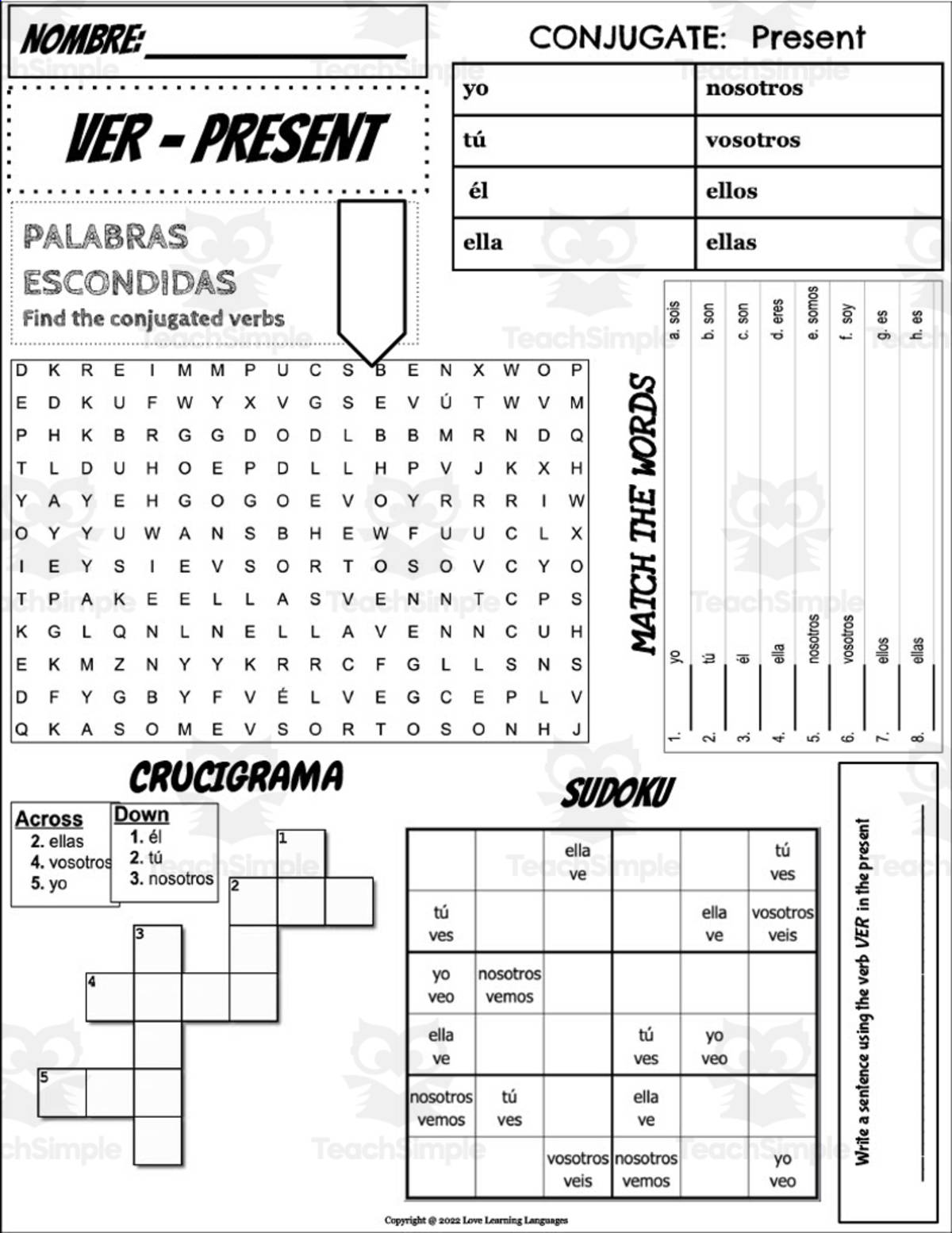 An educational teaching resource from Love Learning Languages entitled Spanish VER Conjugation Worksheet – 6 Activities downloadable at Teach Simple.