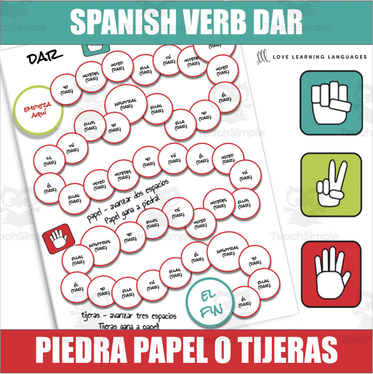 An educational teaching resource from Love Learning Languages entitled Spanish Dar Conjugation – Rock Paper Scissors Game downloadable at Teach Simple.