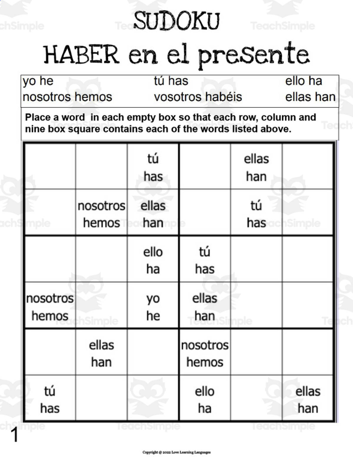An educational teaching resource from Love Learning Languages entitled Spanish: Verb HABER Present Tense Sudoku downloadable at Teach Simple.