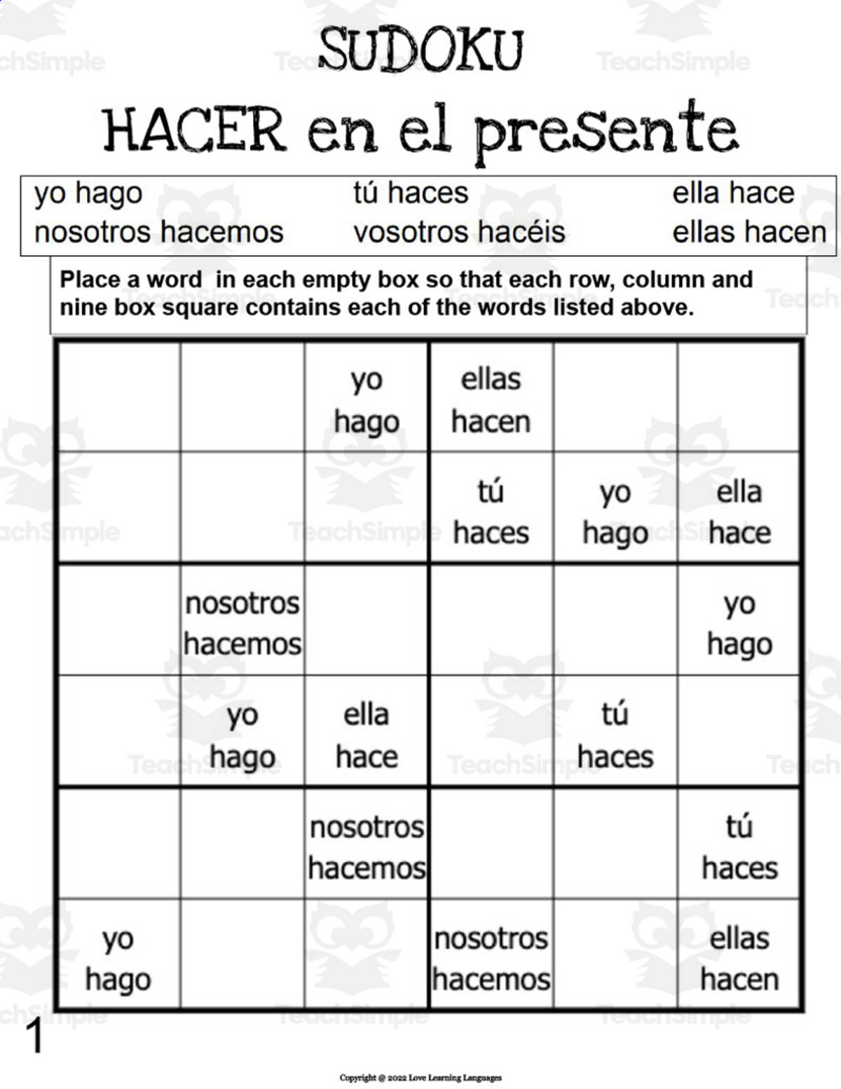 An educational teaching resource from Love Learning Languages entitled Spanish: Verb HACER Present Tense Sudoku downloadable at Teach Simple.