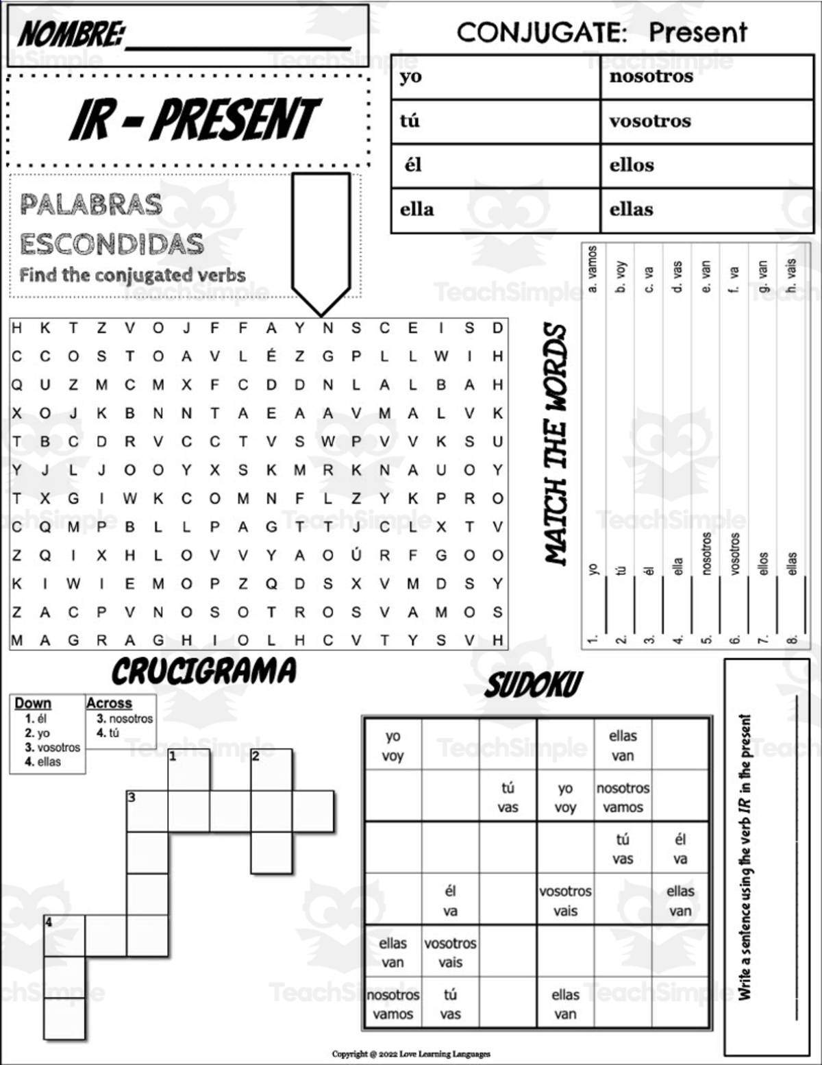 An educational teaching resource from Love Learning Languages entitled Spanish Verb IR Conjugation – 6-Activity Worksheet downloadable at Teach Simple.