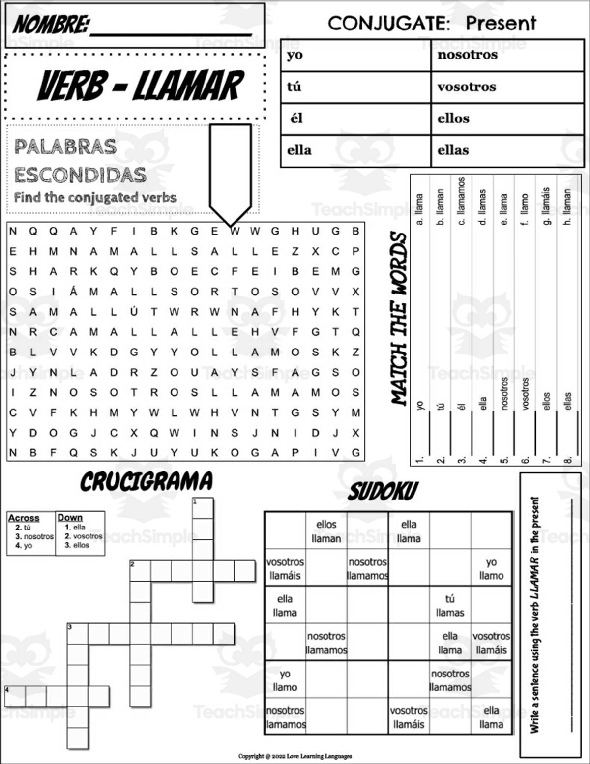 An educational teaching resource from Love Learning Languages entitled Spanish: Verb LLAMAR Conjugation Worksheet downloadable at Teach Simple.