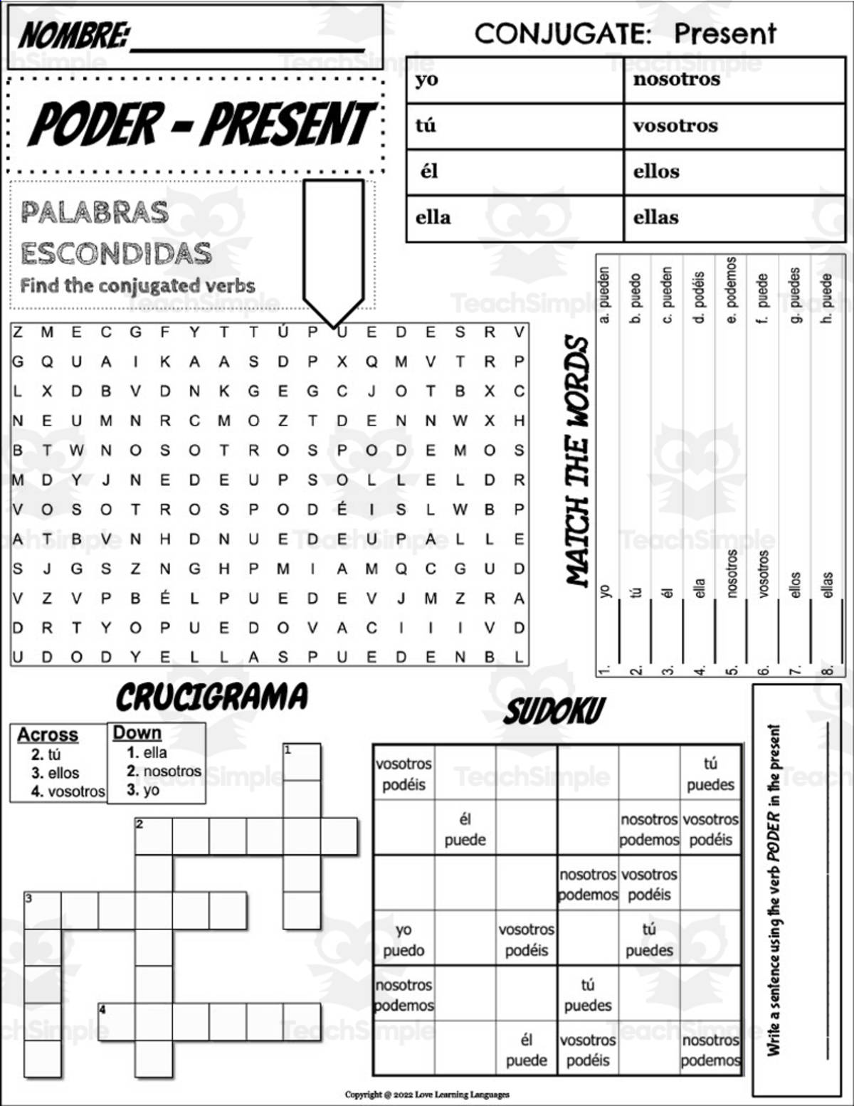 An educational teaching resource from Love Learning Languages entitled Spanish: Verb PODER Conjugation Worksheet downloadable at Teach Simple.