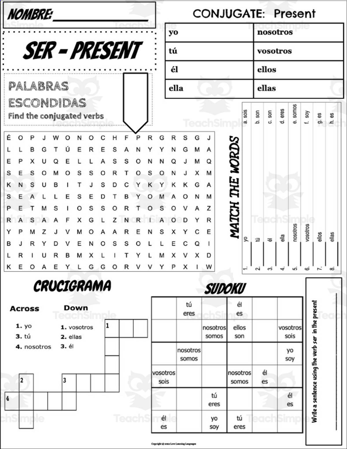 An educational teaching resource from Love Learning Languages entitled Spanish: Verb SER Conjugation Worksheet downloadable at Teach Simple.