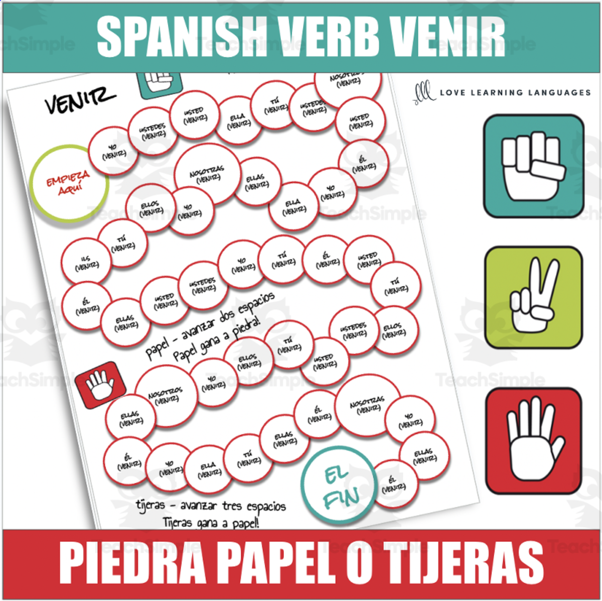 An educational teaching resource from Love Learning Languages entitled Spanish Verb Venir Conjugation Game - Rock, Paper, Scissors downloadable at Teach Simple.