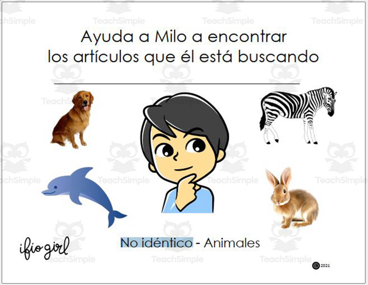 An educational teaching resource from IFIO girl - I'll Figure It Out entitled SPANISH VERSION - sort non identical animals downloadable at Teach Simple.