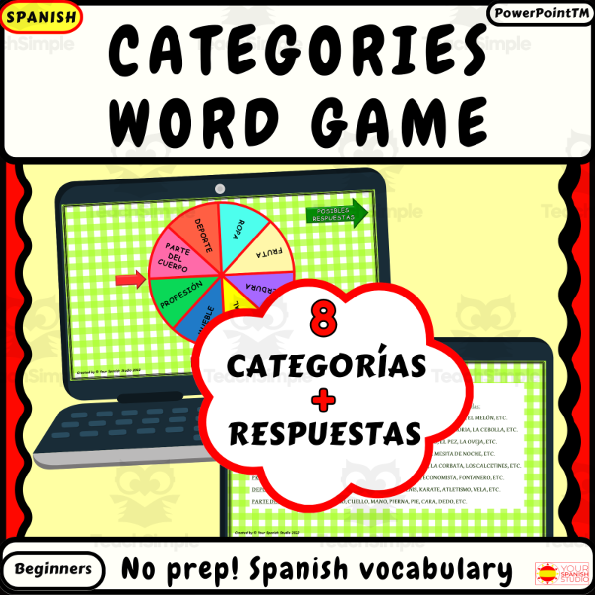 An educational teaching resource from Your Spanish Studio entitled Spanish vocabulary categories game for beginners No prep La ruleta downloadable at Teach Simple.