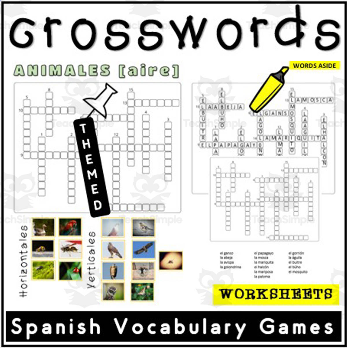 An educational teaching resource from WORDS ASIDE entitled Spanish Vocabulary Crossword Task Cards 1 downloadable at Teach Simple.