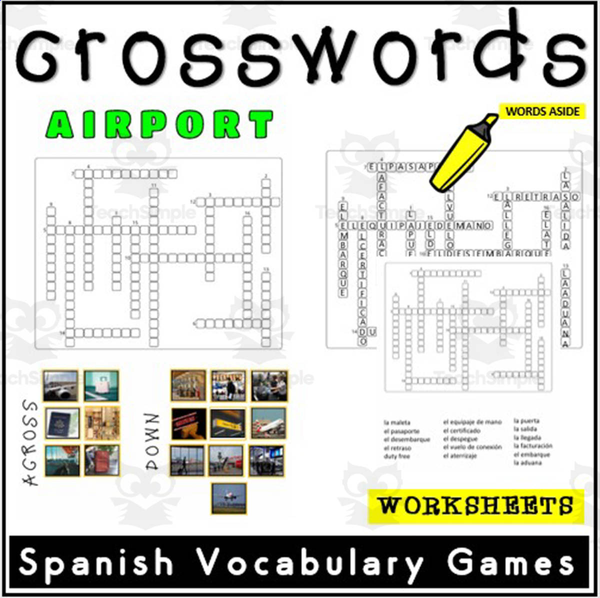 An educational teaching resource from WORDS ASIDE entitled Spanish Vocabulary Crossword Task Cards 2 downloadable at Teach Simple.