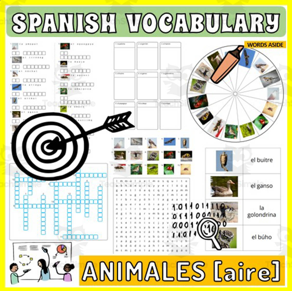 An educational teaching resource from WORDS ASIDE entitled Spanish Vocabulary Flash Cards Crossword Wordsearch Anagram AIR ANIMAL downloadable at Teach Simple.